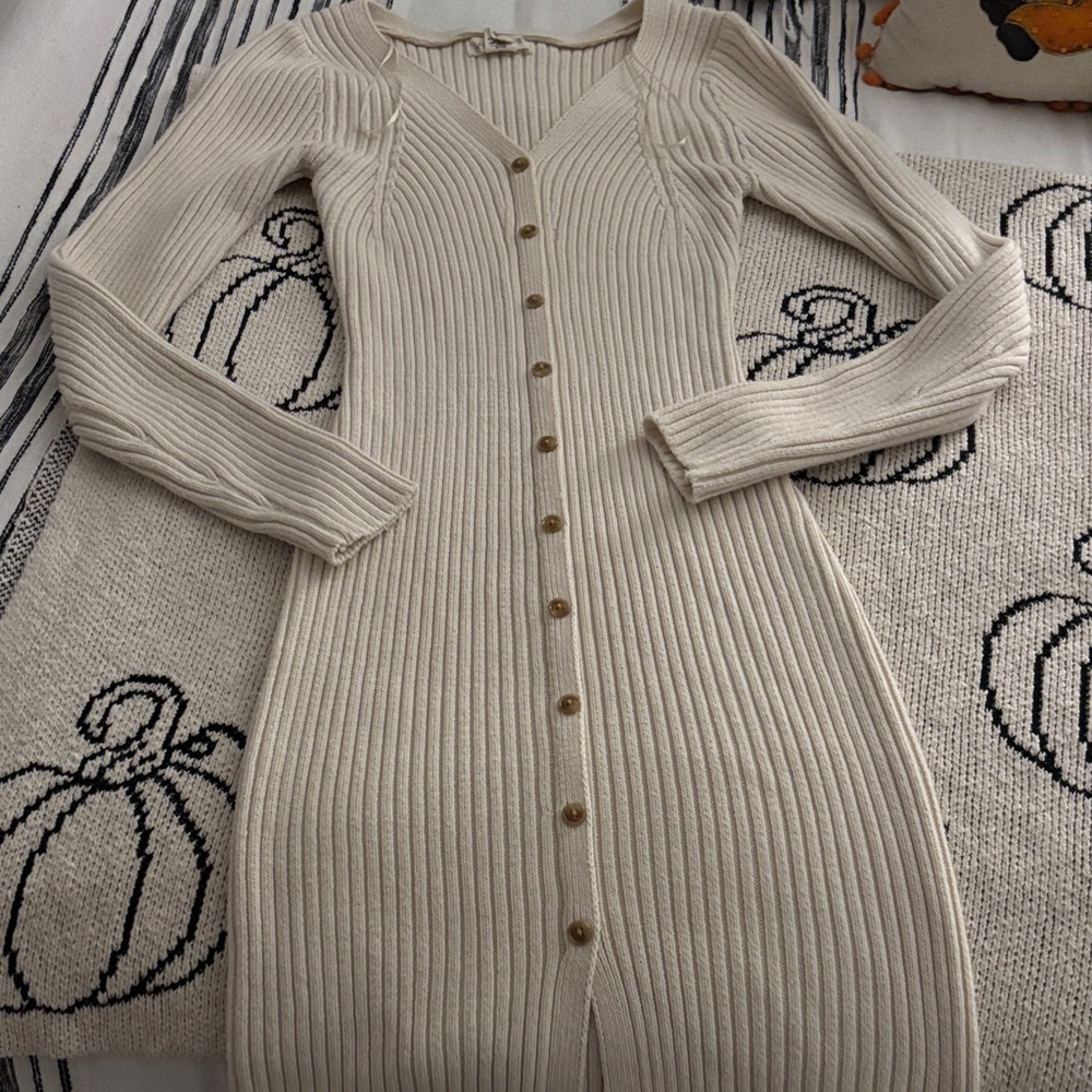 Cream Ribbed Button-Down Sweater Dress